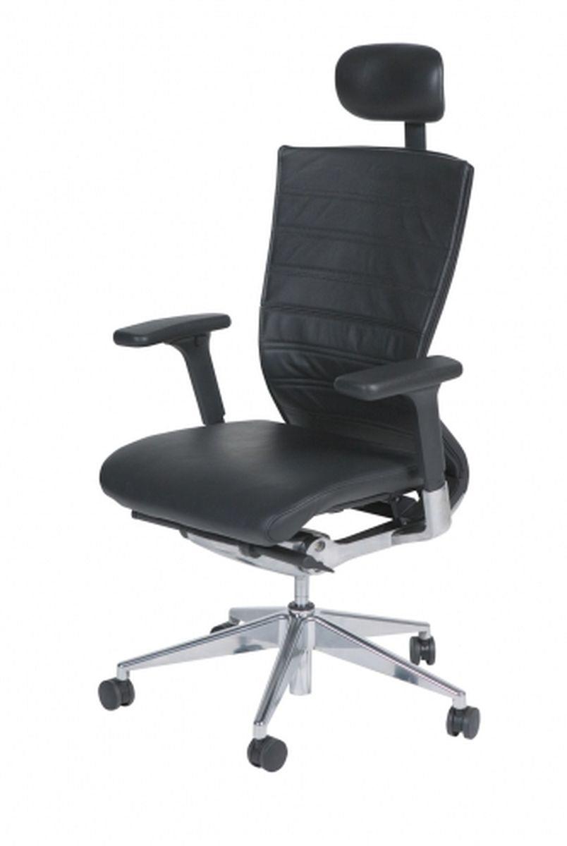 Bureaustoel Serie 105 met hoofdsteun, chroom onderstel, zwart leder zitting en rugleuning