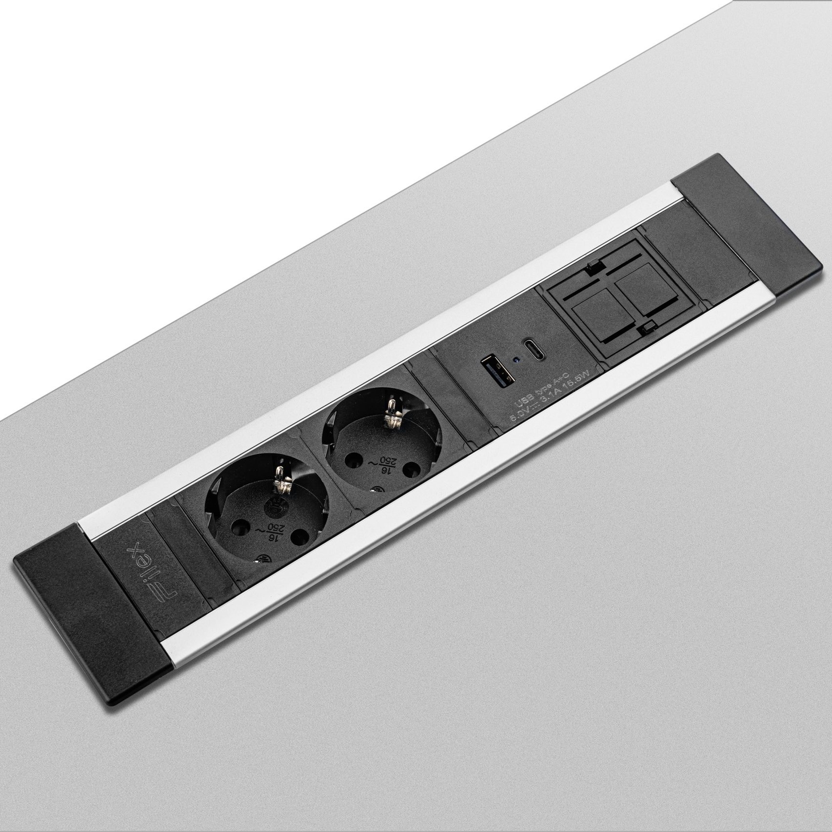 FLX Powerdesk insert, 2 x 230V + USB A + C Charger, zwart/aluminium